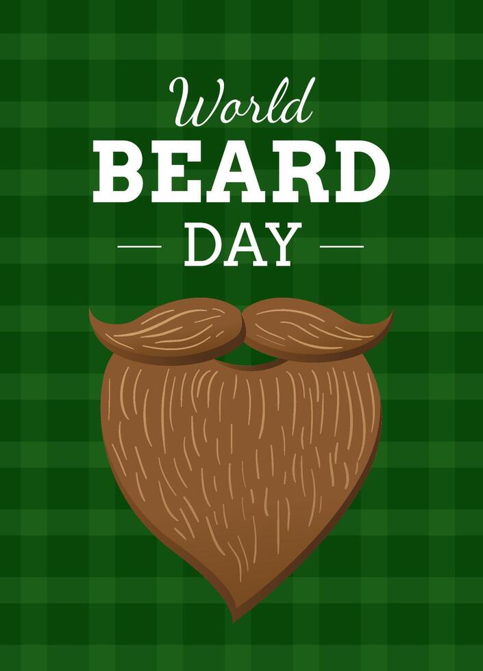 World Beard day greeting card design. Brown beard illustration on green checkered background vector