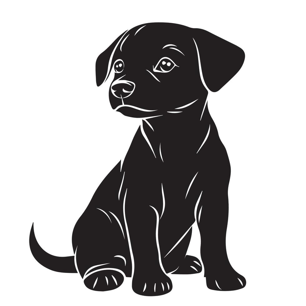 Black and white silhouette of a cute puppy dog sitting in a simple minimalist design. Design of greeting cards, posters, patches, prints on clothes, emblems. Puppy pet. vector