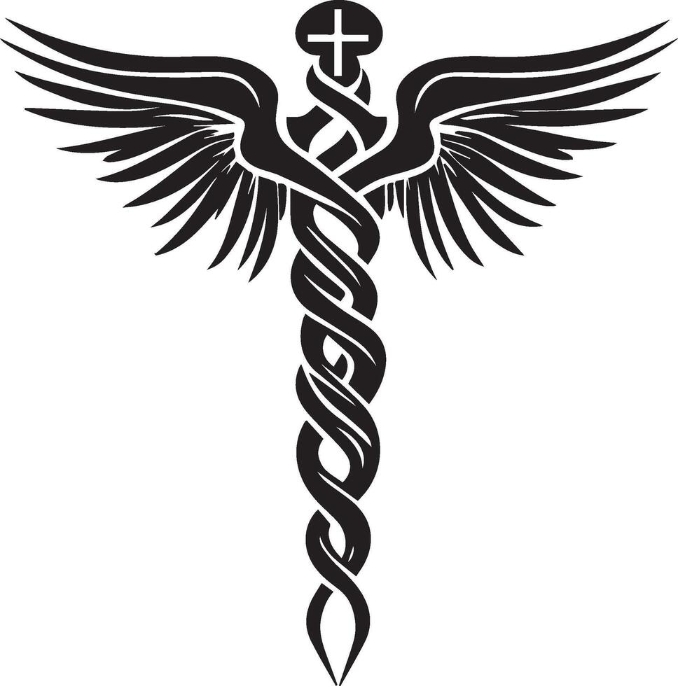 Medical symbol. Medical caduceus symbol with wings and intertwined serpents in a black and white vector