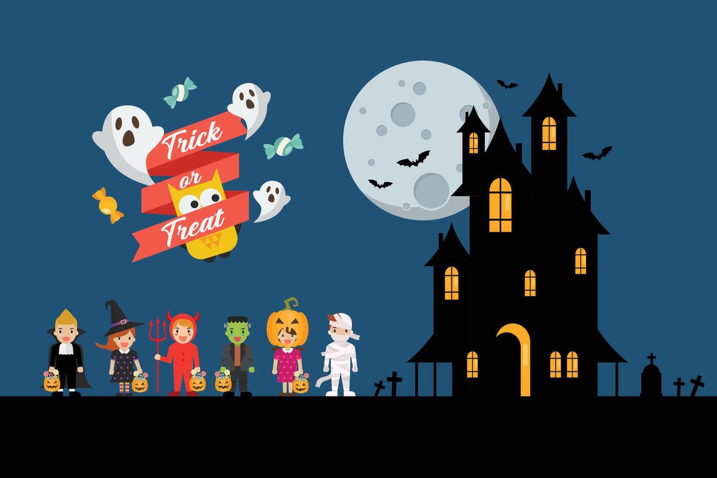 Halloween party children in scary different costumes with haunted house in background vector