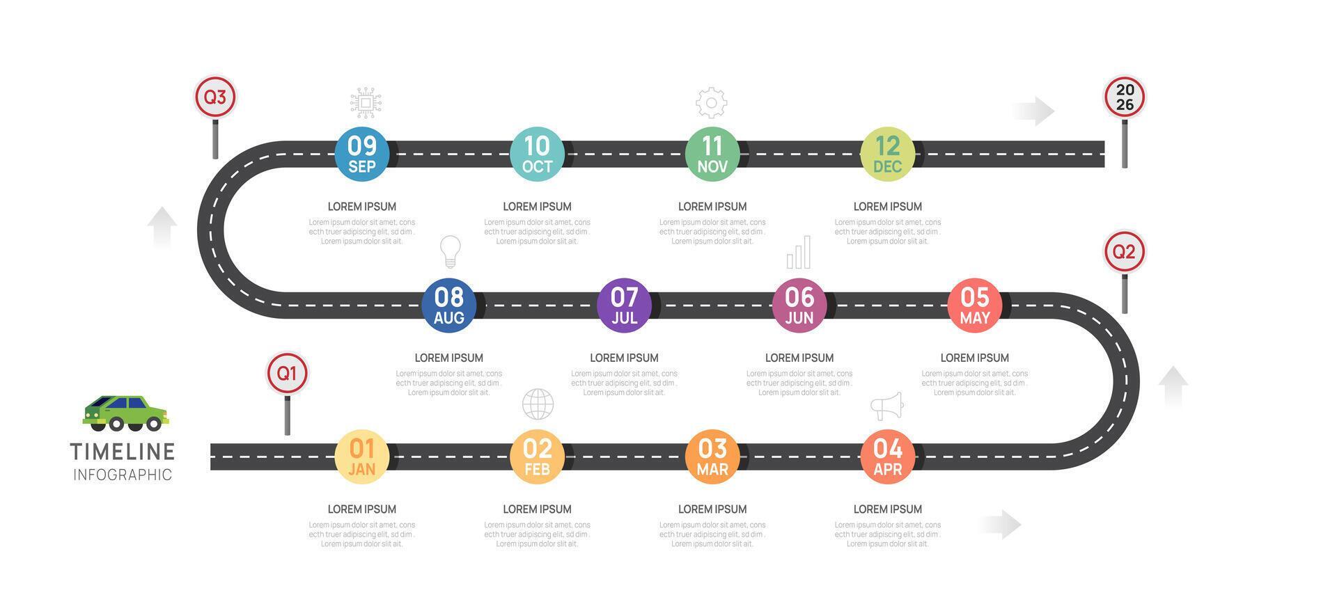 Infographic 2025 road timeline presentation, 12 months. elements