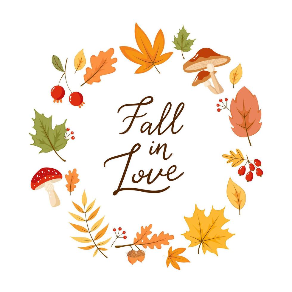 Fall in love lettering on autumn wreath illustration vector