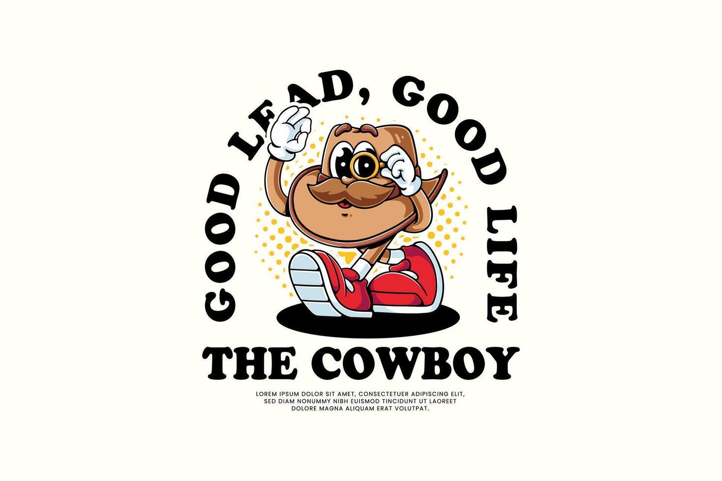 cowboy hat retro cartoon character mascot illustration with walking pose, holding monocle glasses and ok hand for adventure wild west mascots and merchandise vector