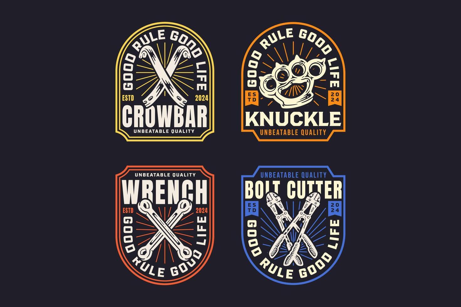 brass knuckle, crowbar, wrench, steel bolt cutter retro badge logo design set for sport, fighter, adventure, gangster and garage vector