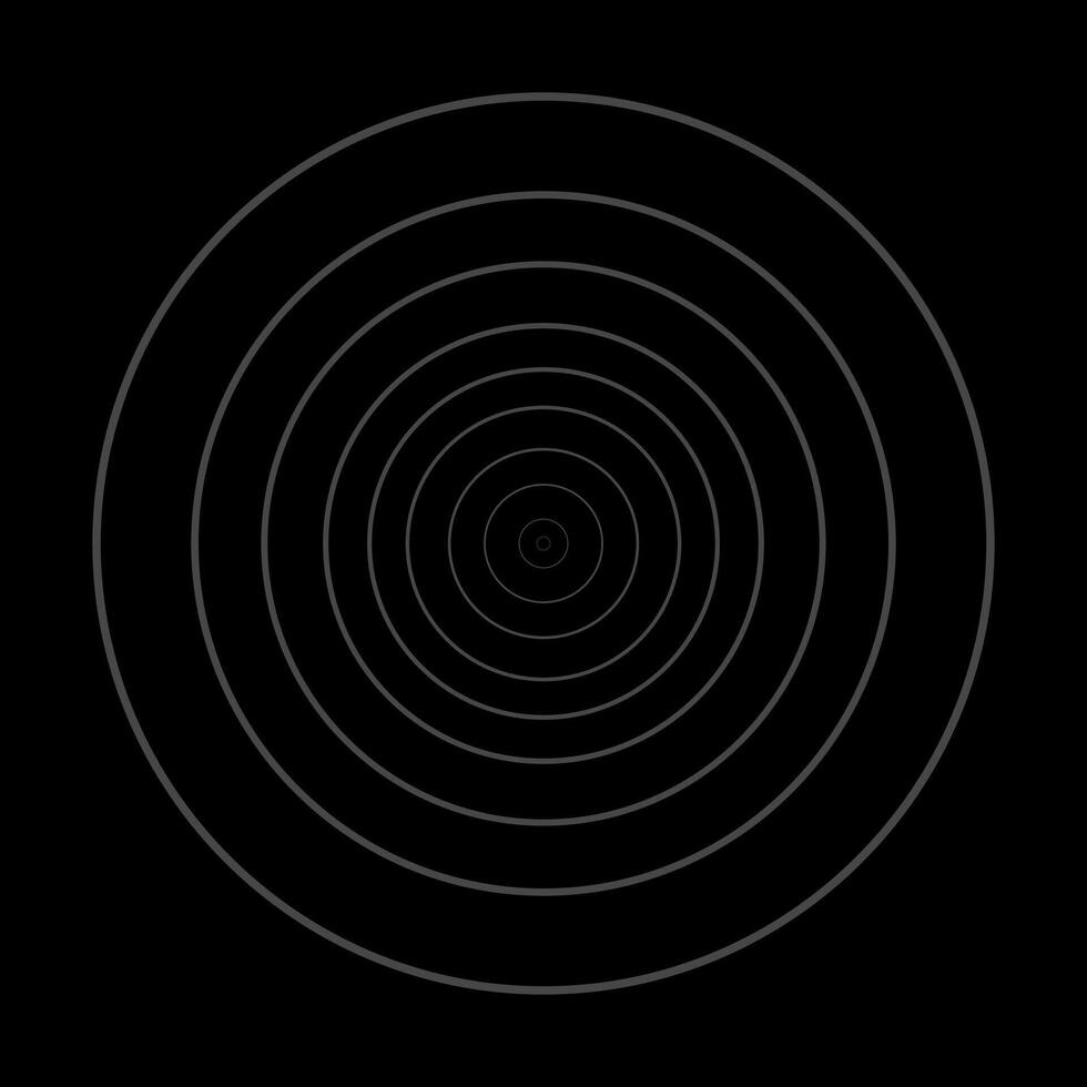 Concentric grey color circle elements with a black background. Circle spin target, Radio station signal, or Center minimal radial ripple line outline abstractionism. vector