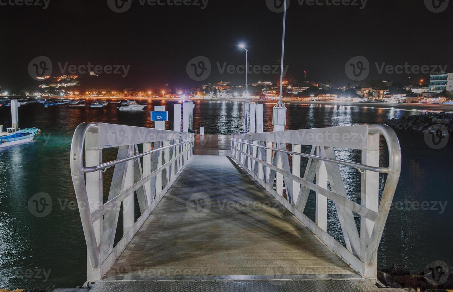 Night view of the San Juan del Sur pier, Nicaragua. Night view of a pier surrounded by boats photo