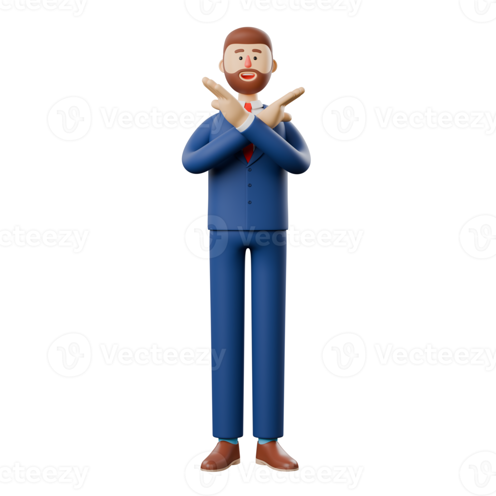 3D Illustration of smiling businessman says NO with the gesture, crosses her hands. Expresses dissatisfaction and disagreement. Body language and nonverbal communication. png