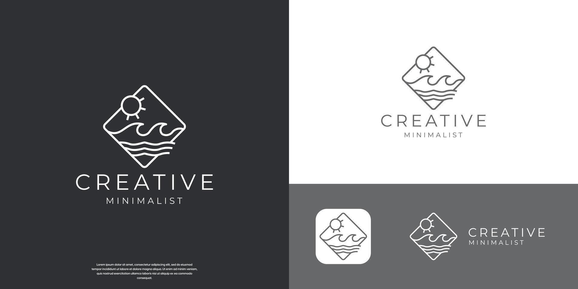 logo design monoline line art illustration of ocean wave and sunrise. vector