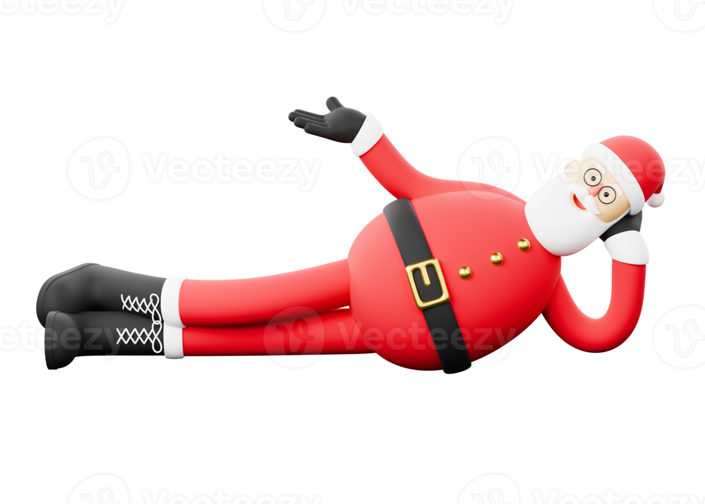 3D cartoon character of Christmas Santa Claus lying down with his right hand raised. png