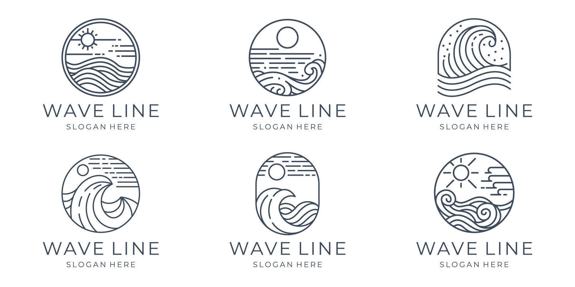 monoline wave logo template, ocean sea wave logo minimalist set design template. vector