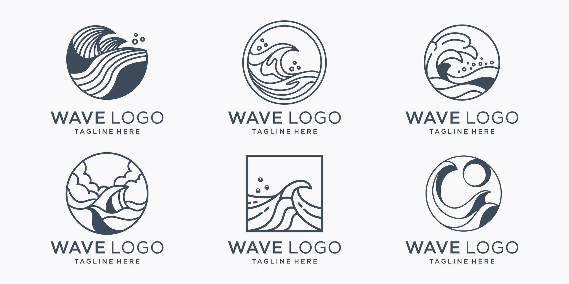 minimalist outline wave logo collection on circle and square frame shape design. vector