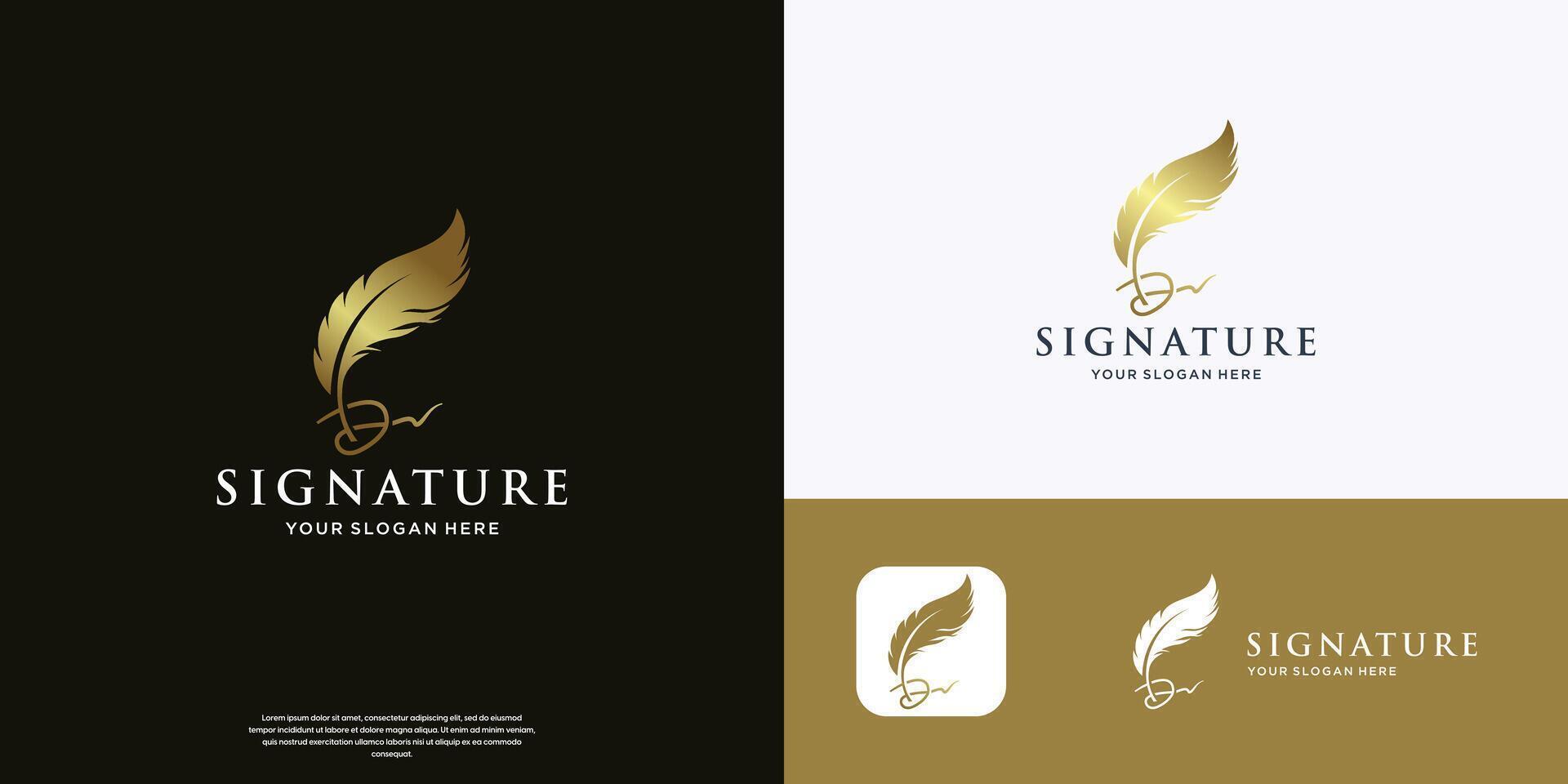 inspiration quill feather logo template. signature feather pen design with golden color branding. vector
