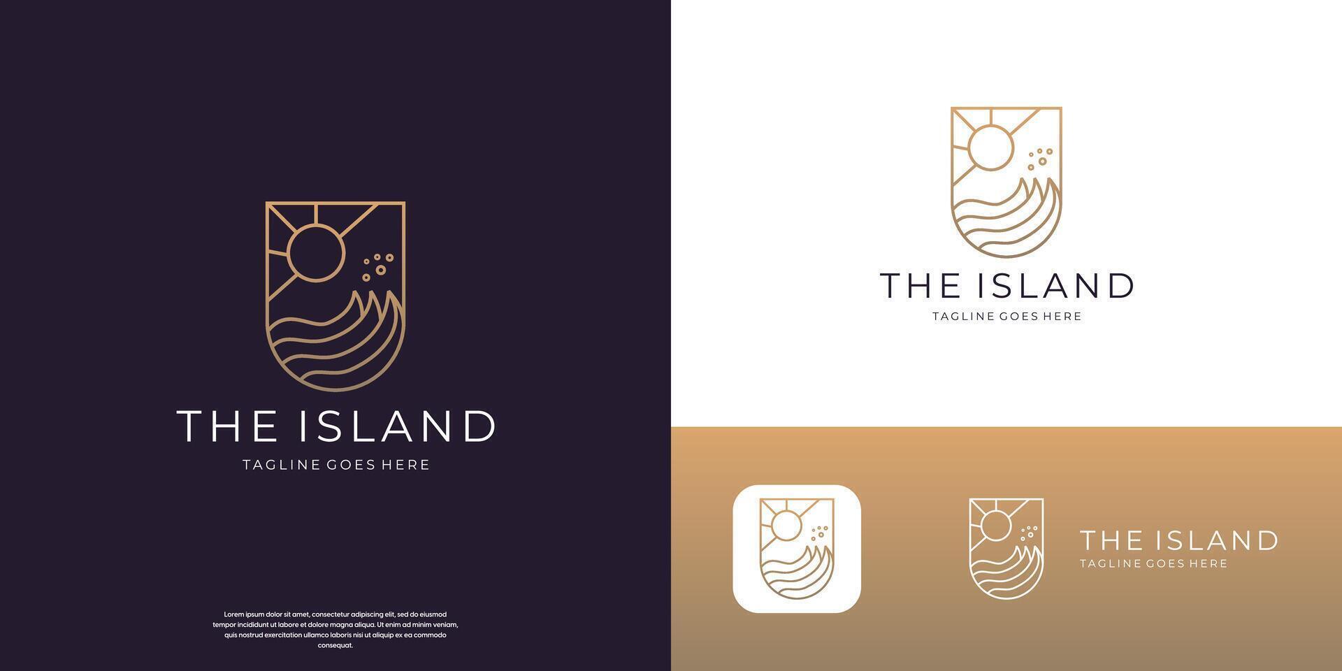 modern monoline style ocean waves logo design and sun design illustration. vector