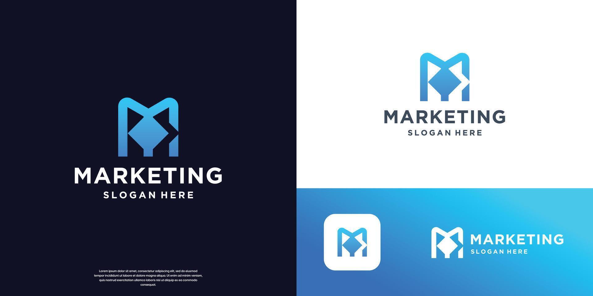 letter m marketing logo design template. abstract silhouette arrow shape symbol. vector