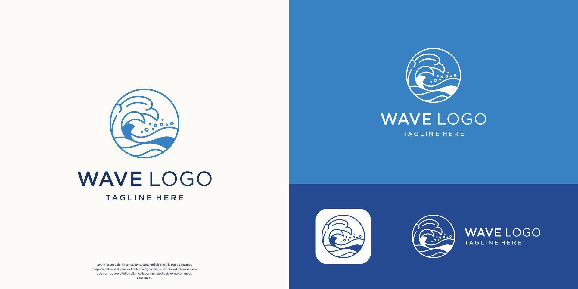 wave ocean logo design with minimal line style in circle frame design template. vector