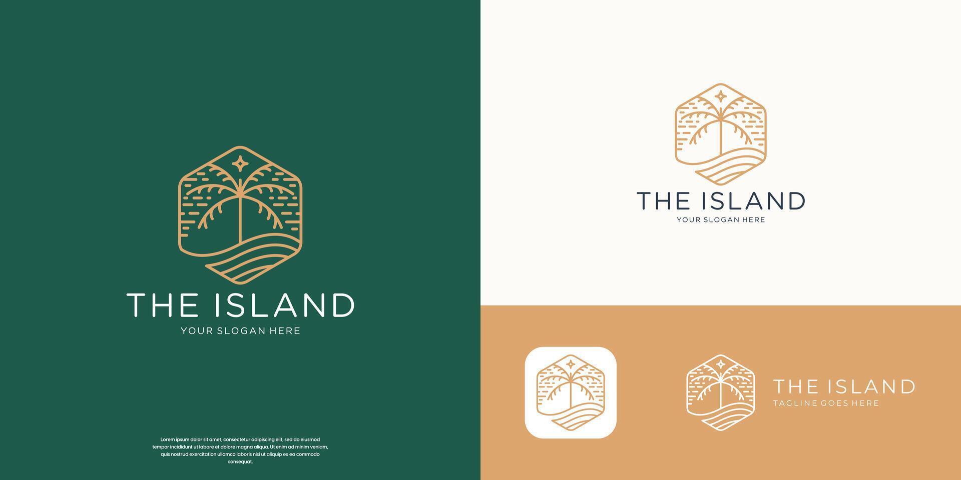 minimalist the island logo of waves and palm tree outline art . vector