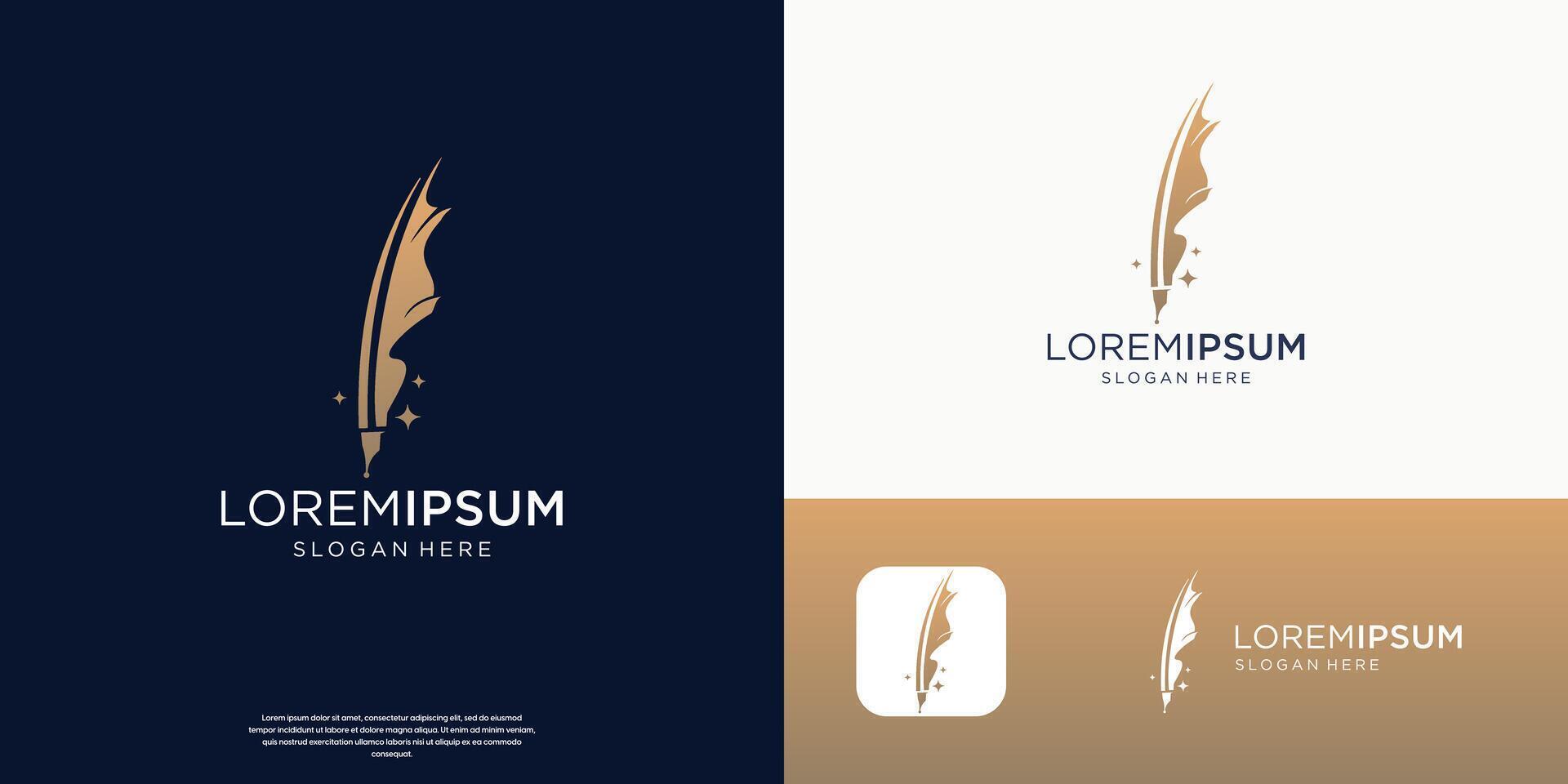 feather pen signature logo illustration design template with gold design color vector