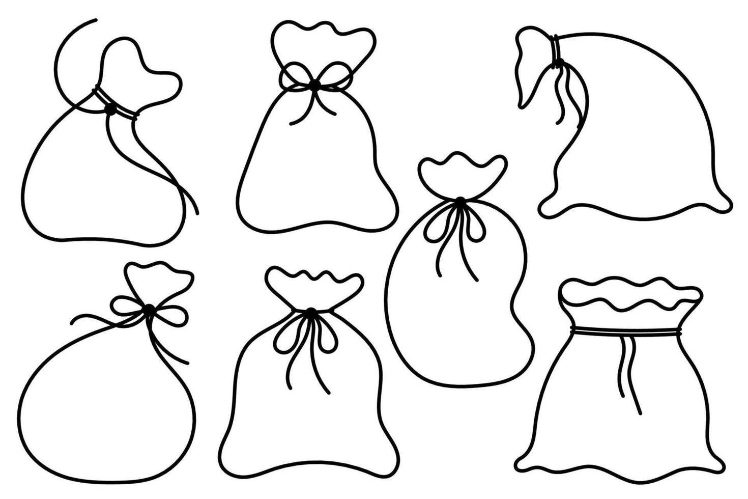 Black outlines of new year sacks. Set of simple full santa claus gift sacks. Christmas gift bags. Flat style vector