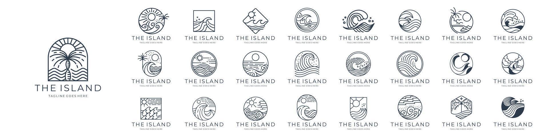 set of island line art logo minimalist design, ocean landscape, sea wave outline icon symbol illustration. vector