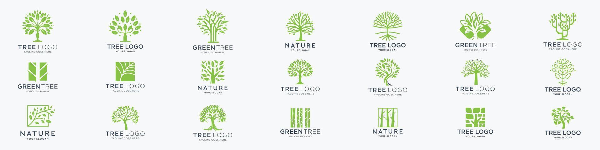 Green tree of life, eco friendly tree icons, perfect for branding nature logos, eco friendly campaigns.diverse designs symbolizing growth ecology. vector