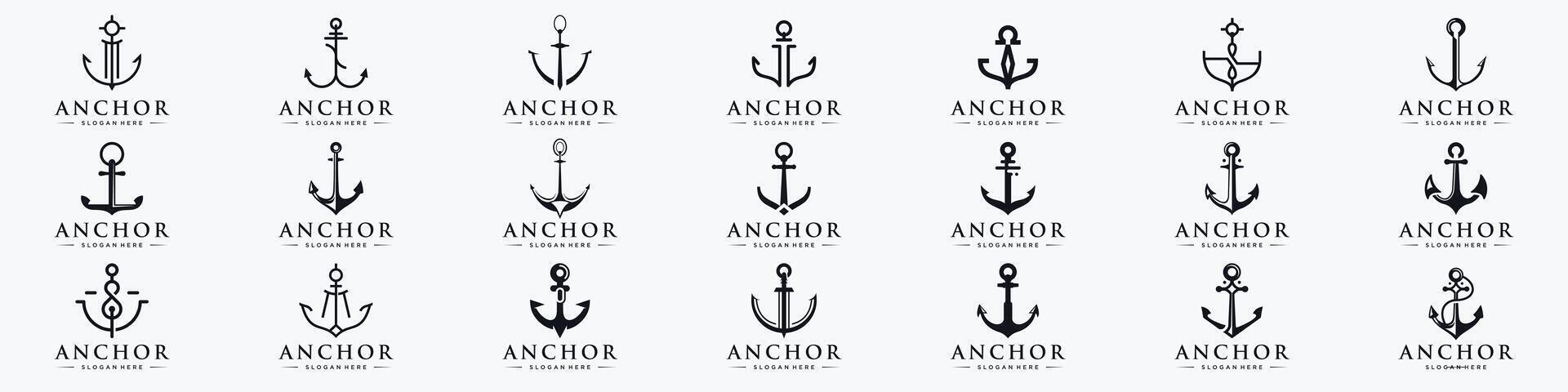 Set Bundle of Anchor logos inspiration. Ship Yacht Luxury,ocean sailing boat symbol Illustration, perfect for company of branding. vector
