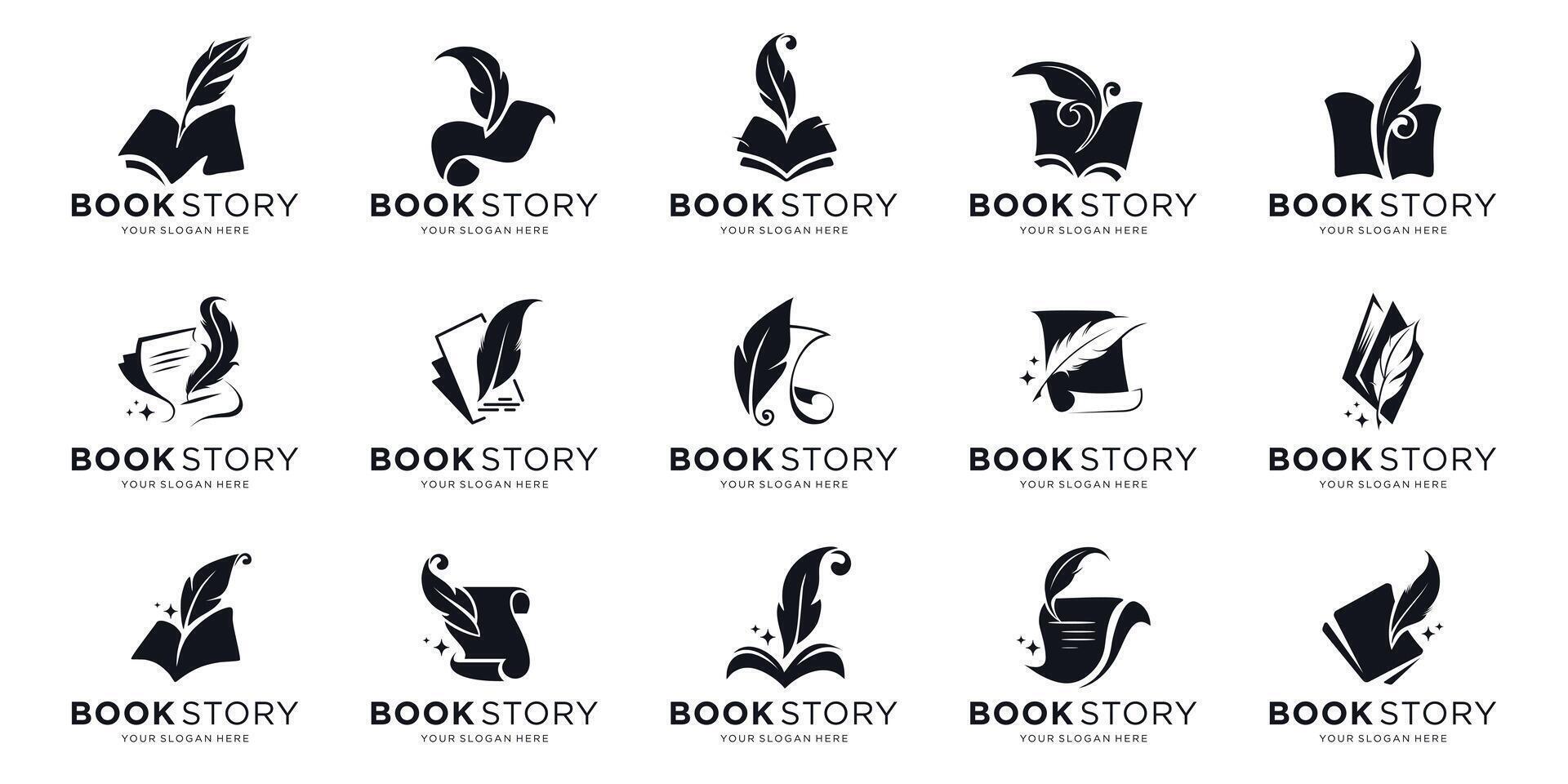 mega bundle of book story feather logo design. note and quill logo design collection. vector