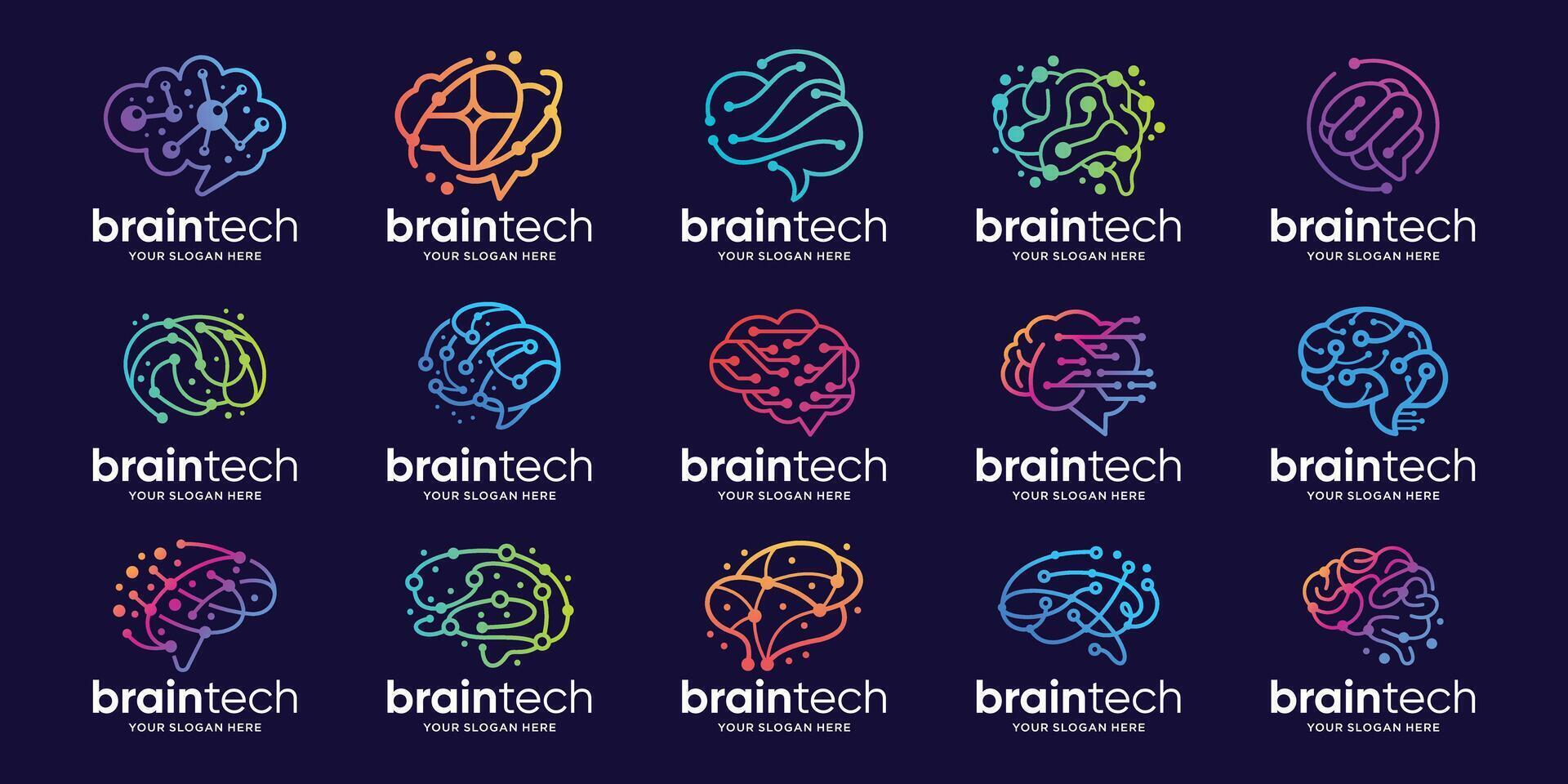 Set of abstract circuit lines dot brain tech logotypes collections. Logo for science innovation, machine learning, perfect brand for business technology. vector