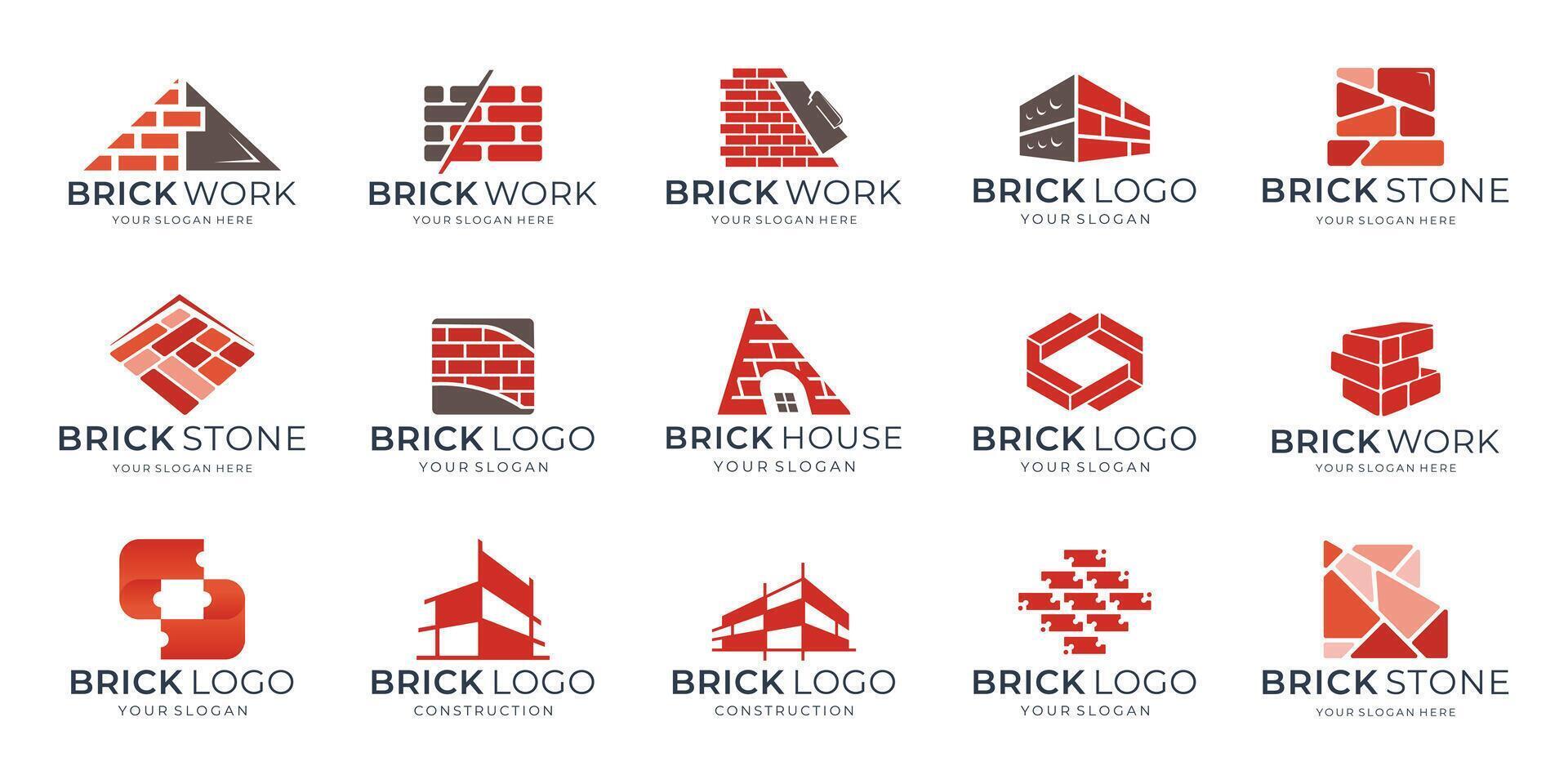 set of brick wall bricklayer logo icon symbol illustration, bundle and package of red brick works logos inspiration. vector