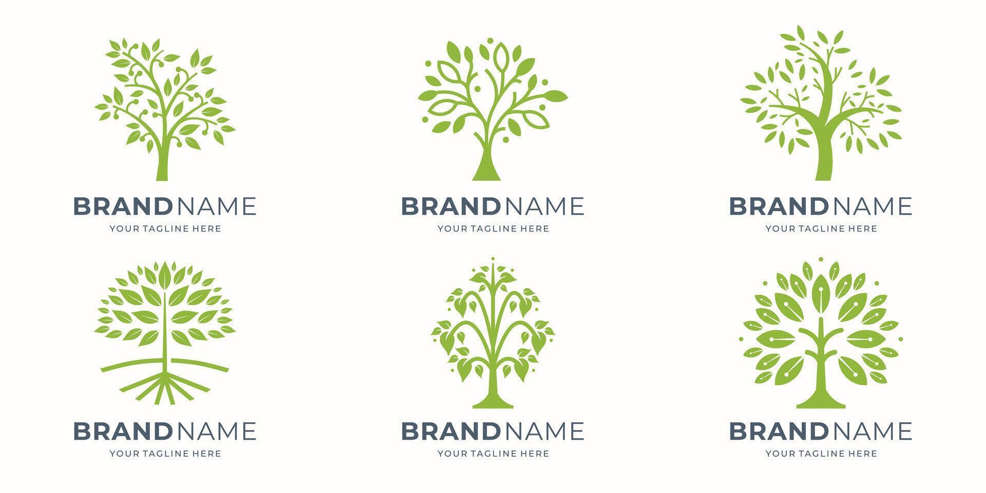 Tree logo icon set design. Garden plant natural symbols template. Tree of life branch with leaves business sign collection. vector