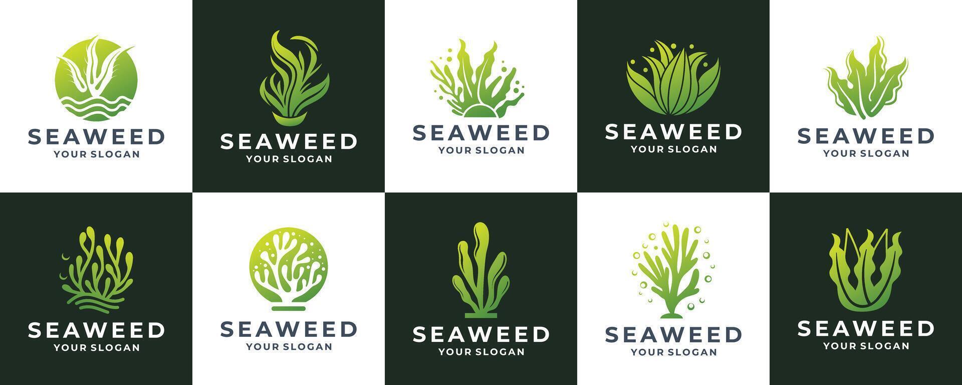 Seaweed silhouettes logos, coral green icon. Abstract organic shape, underwater plant,marine floral. vector