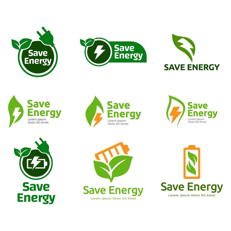 Green ecology icon, logo set. Save green or save energy logo collection. vector