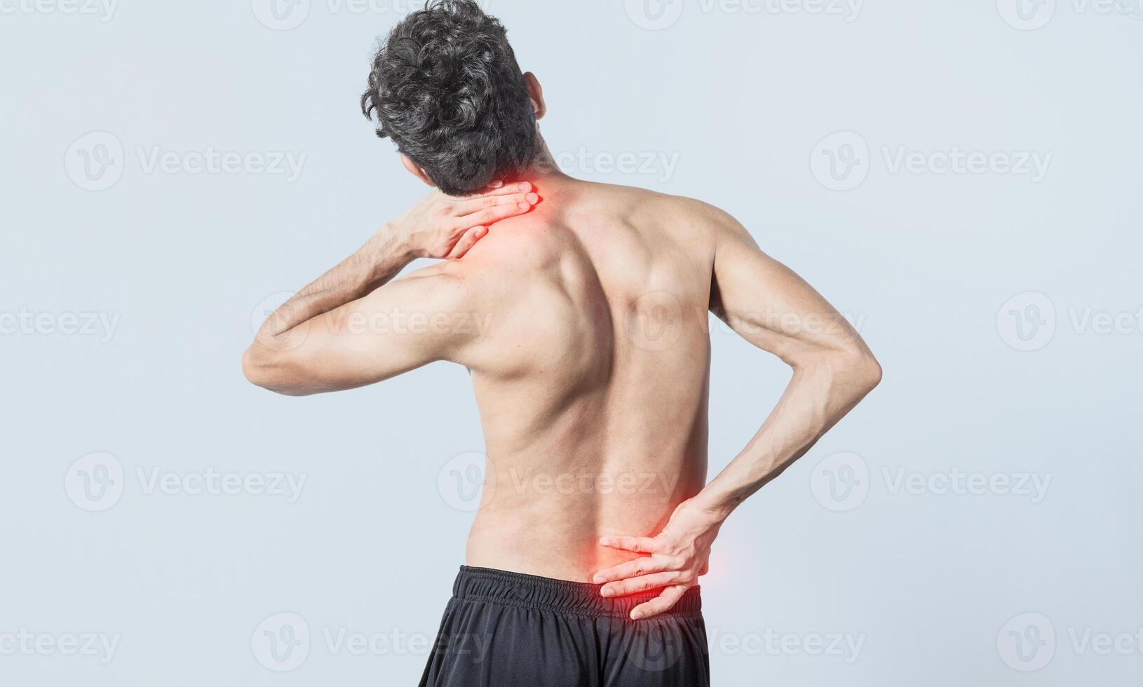 Neck and back pain concept, man with neck and back muscle pain, Close up of man with neck and back pain, a man with muscle pain on isolated background. photo
