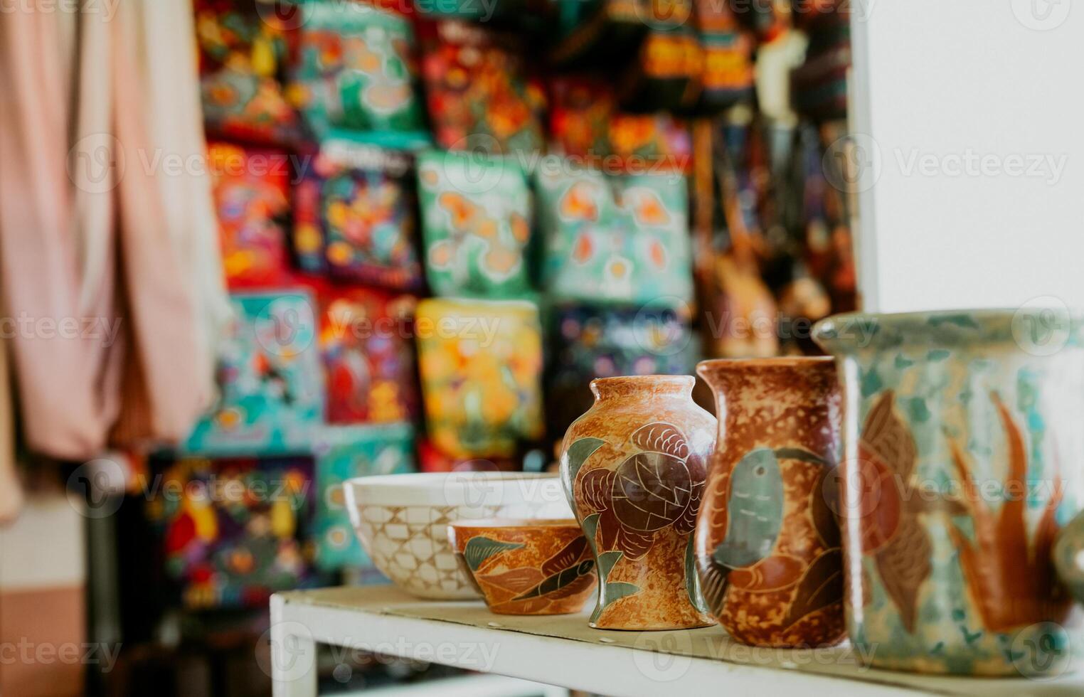 Close up of handmade jugs and varieties in the masaya handicraft market photo