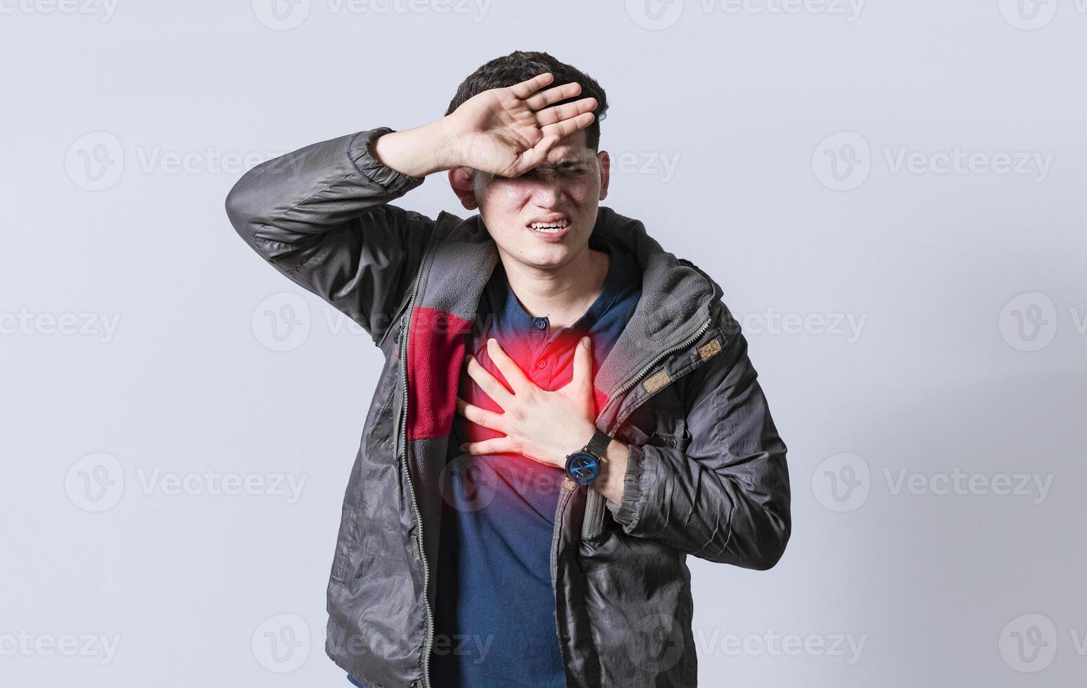 Suffering man with heart pain isolated. Person suffering with chest pain, tachycardia photo