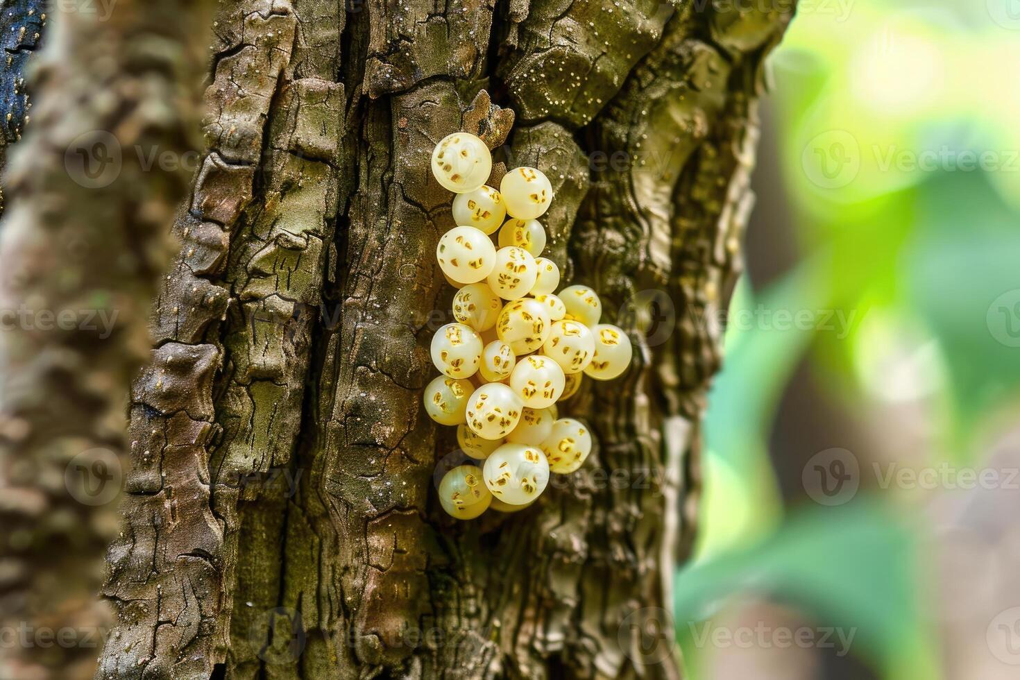 Macro insect eggs on tree background. Bug eggs or grasshopper eggs photo