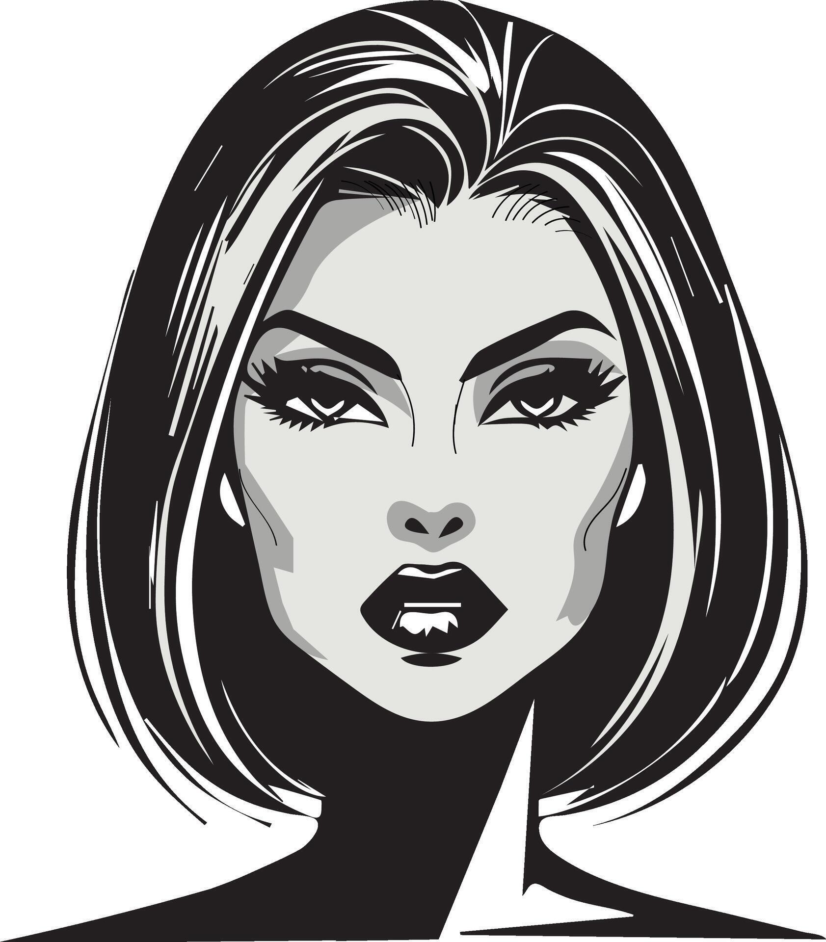 A monochromatic depiction of a woman's face with bold, stylized black ...
