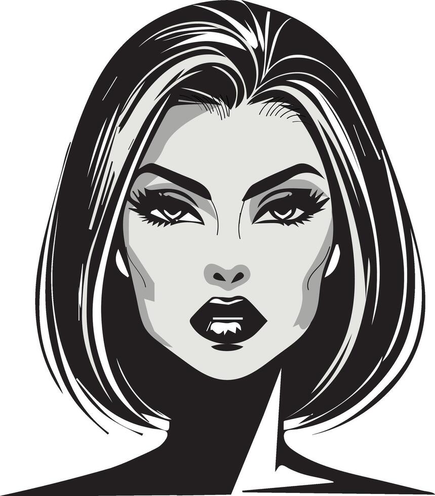 A monochromatic depiction of a woman's face with bold, stylized black and white features is set against a solid gray background. vector