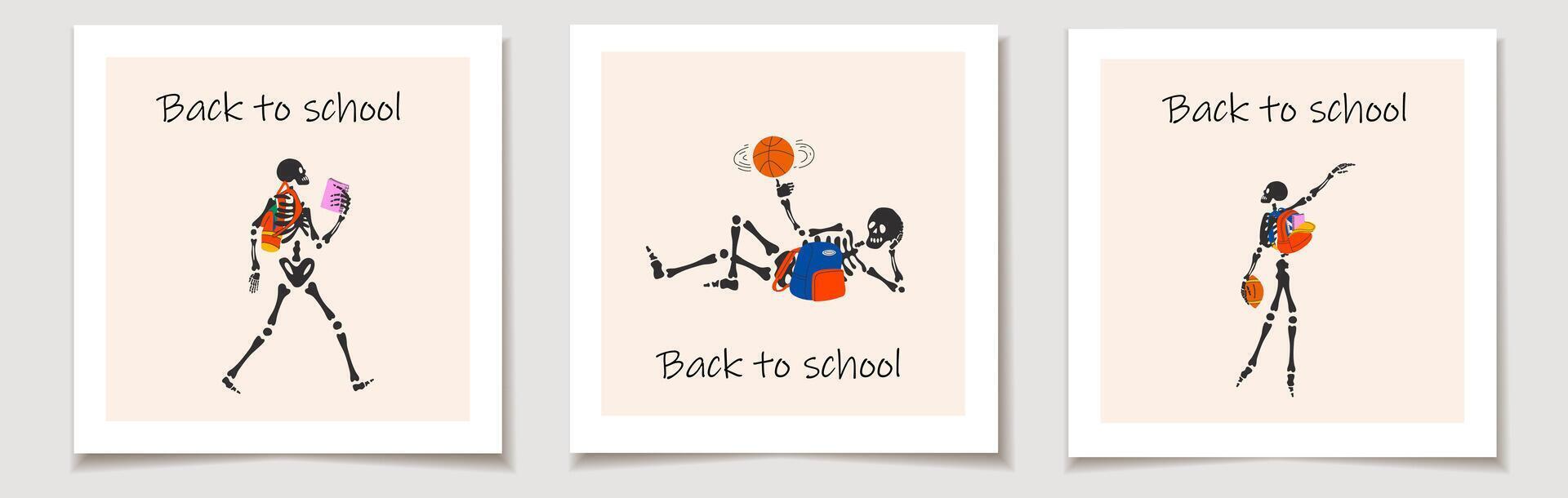 Set of Back to school cards with Funny Skeleton ready for school with school stationery. Greeting cards. vector