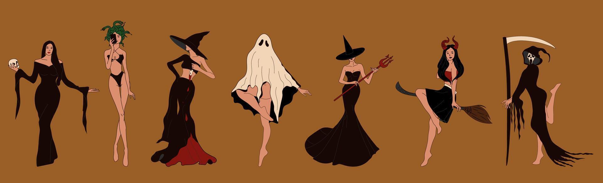 Set of Halloween costume concepts. Witch. Cute ladies in retro style vector
