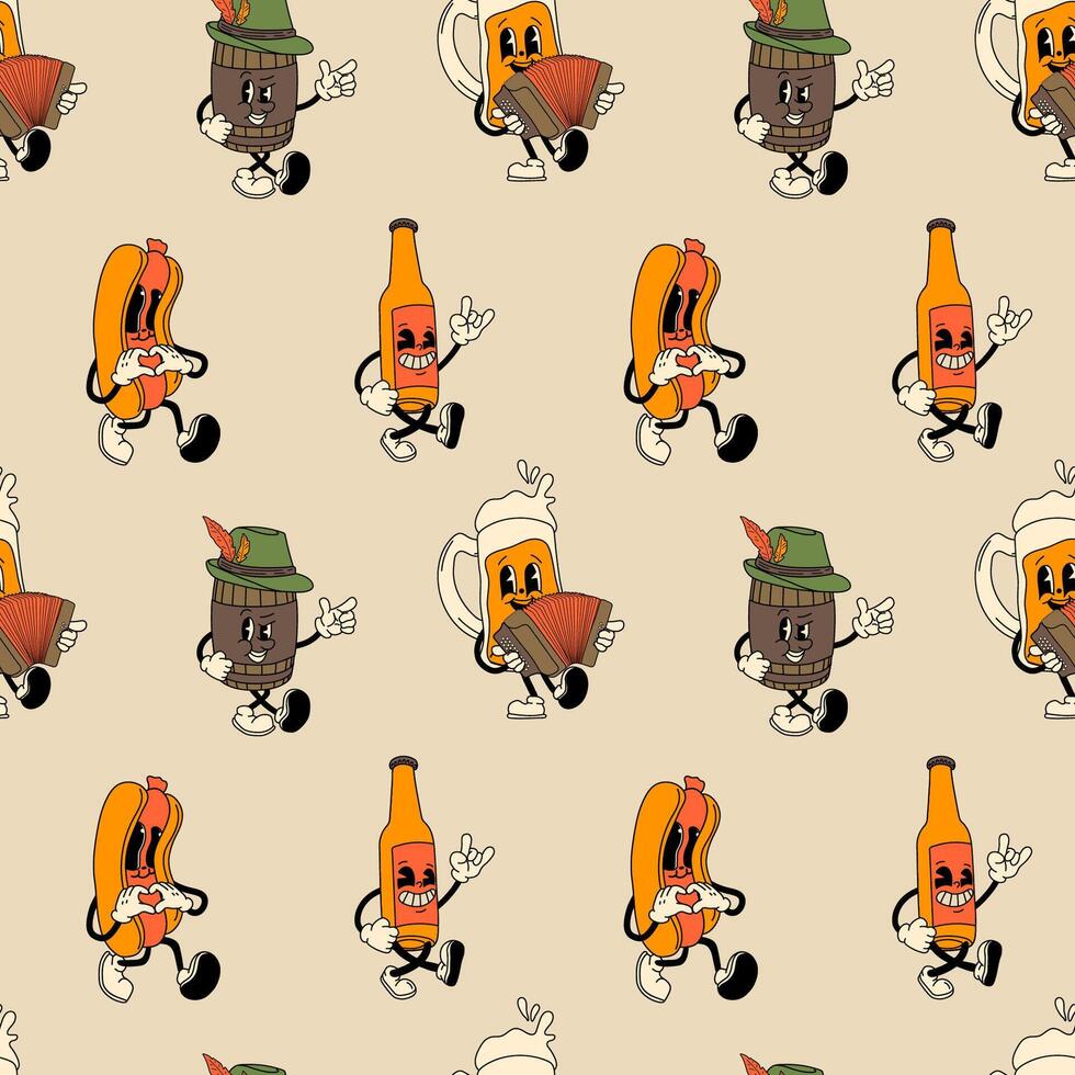 Seamless pattern with Set of retro Beer, Hot Dog mascot character. 40s, 50s, 60s old animation style. Oktoberfest mascot vector