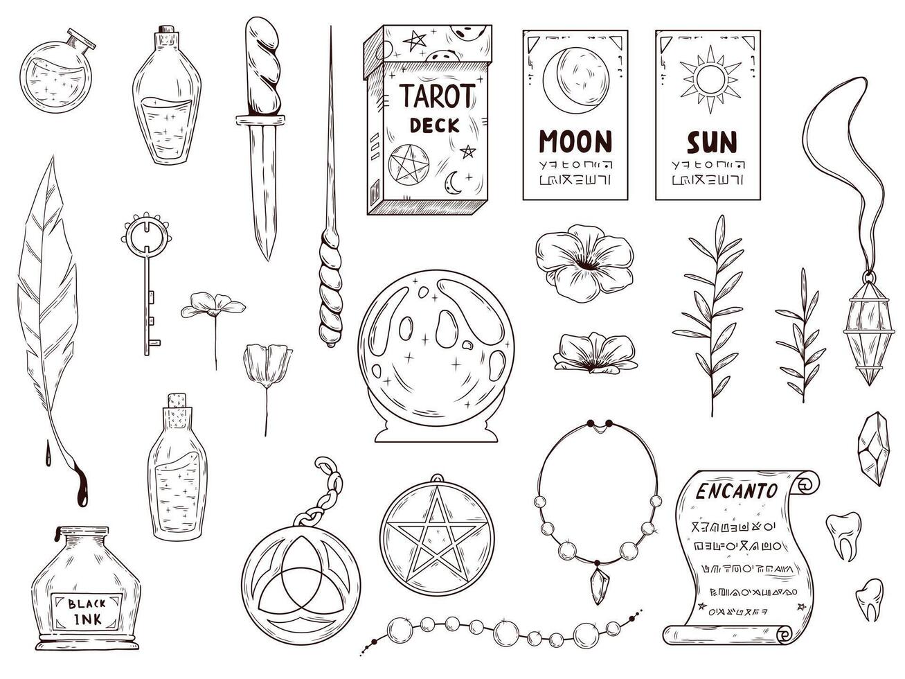 Magical objects for tarot, fortune telling, palm reading. Hand drawn clip art. Tarot deck, wand, potions, jewelry, herbs, magical crystals. Line art and cross hatching style vector