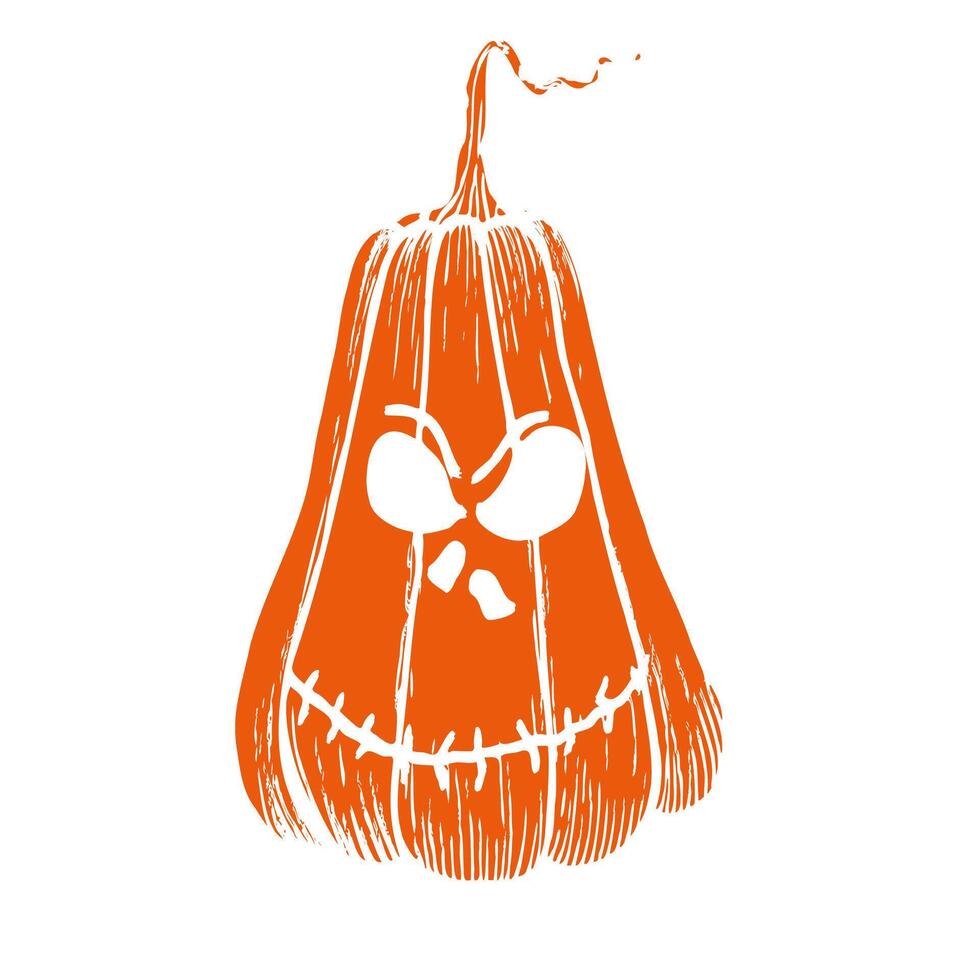 halloween scary orange pumpkin with eyes. Hand painted linear illustration. Graphic monochrome art for tattoo, magical hand painting for holiday, horror. Isolated on background. For designers vector