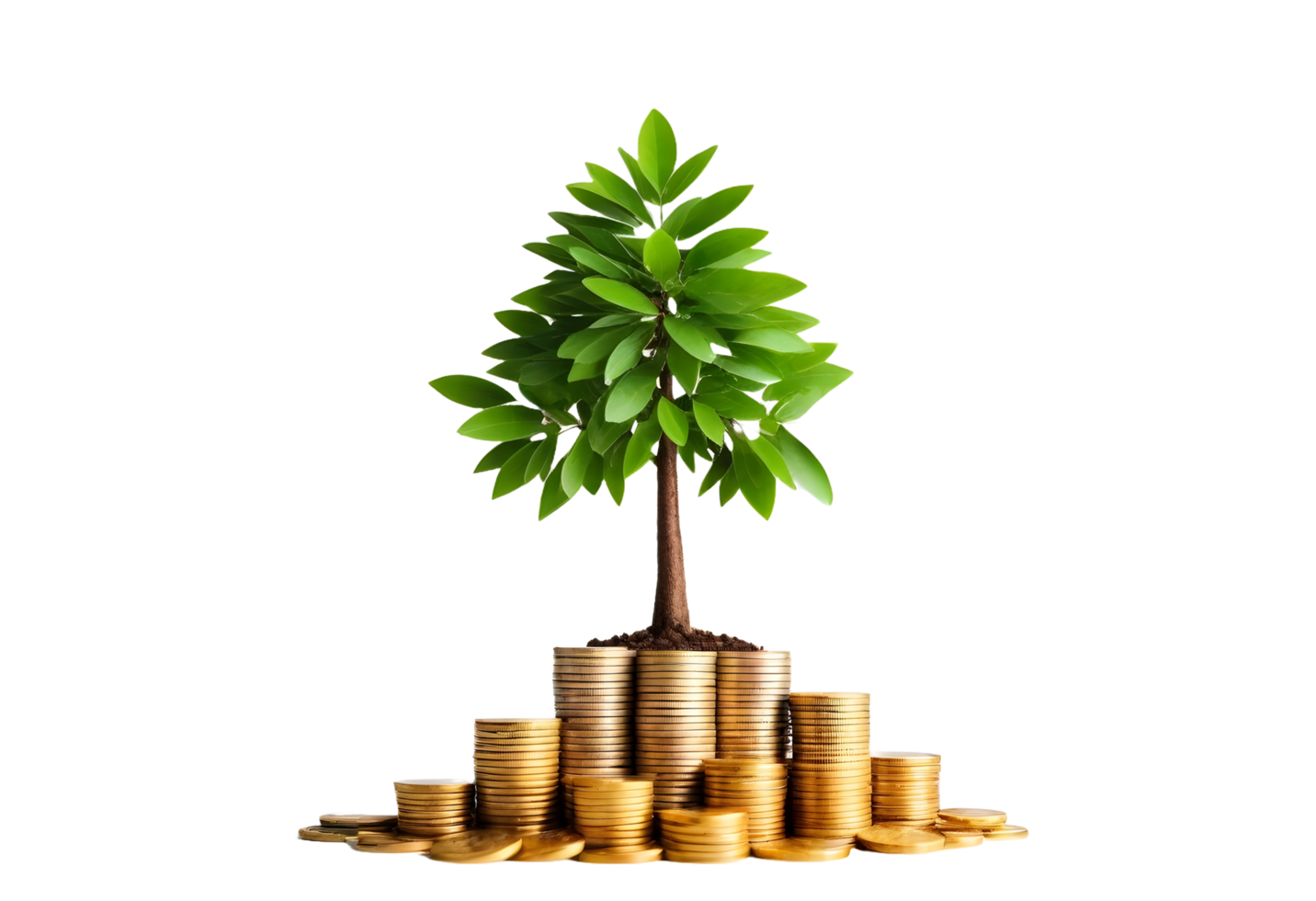 Stacking gold coins and money bag of tree with growing on transparent background png