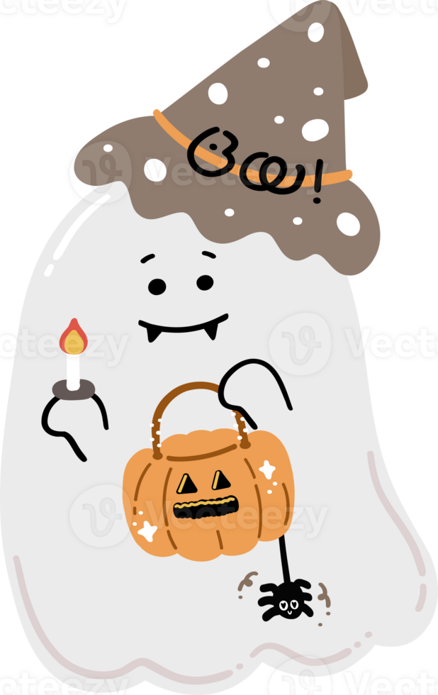 Cute Halloween ghost with pumpkin and candle cartoon png