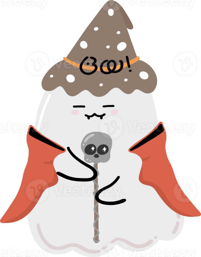 Cute Halloween ghost with skull walking stick cartoon png