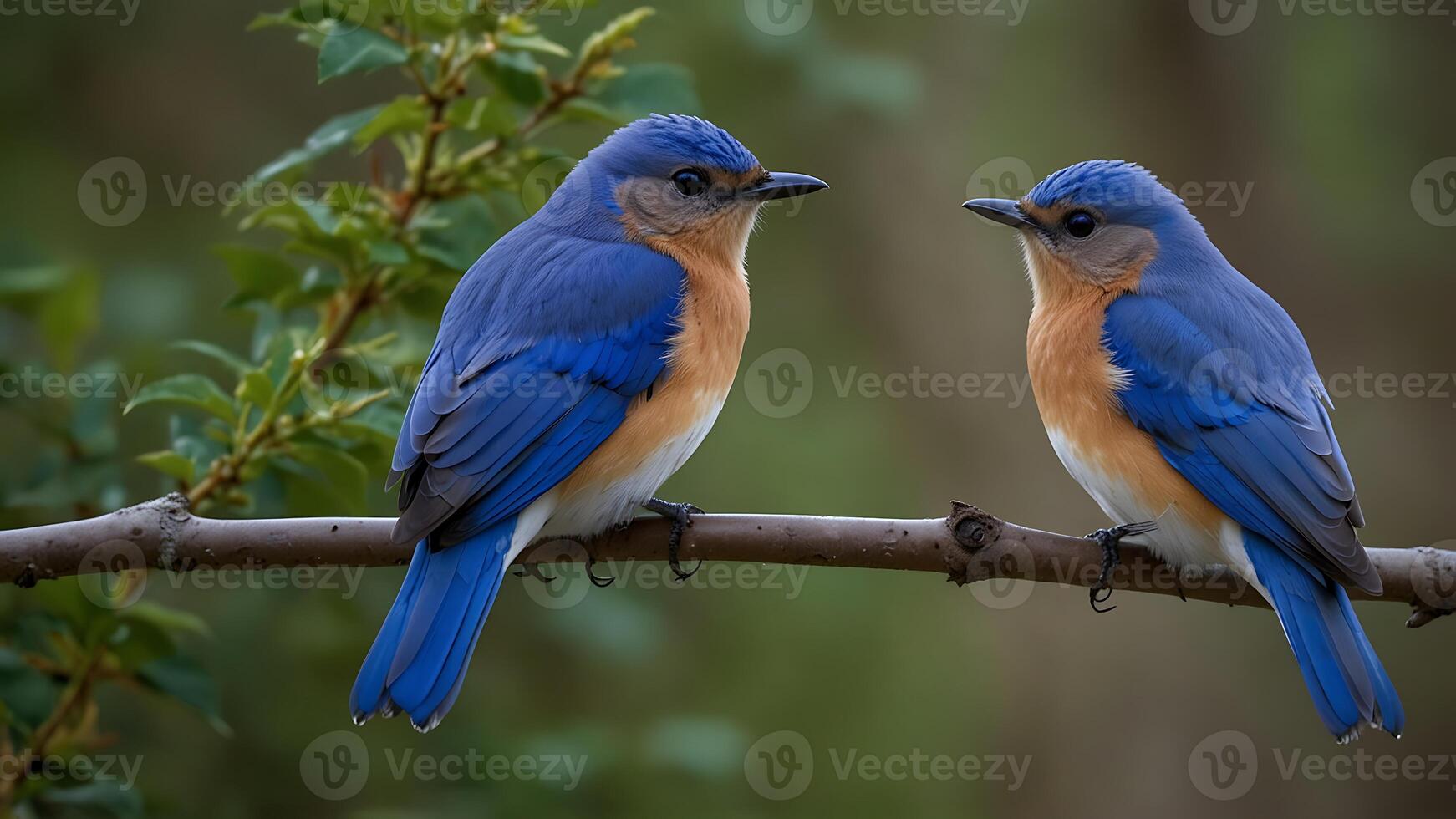 two bluebirds sitting on a branch with green leaves photo