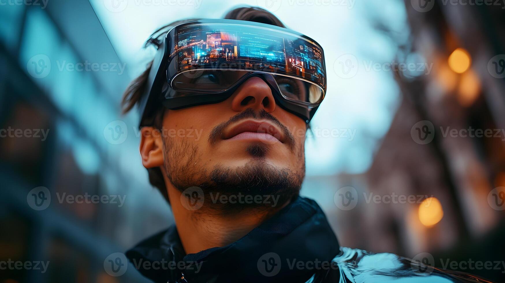 Young Entrepreneur Embracing Augmented Reality Glasses in Futuristic Business Banner photo