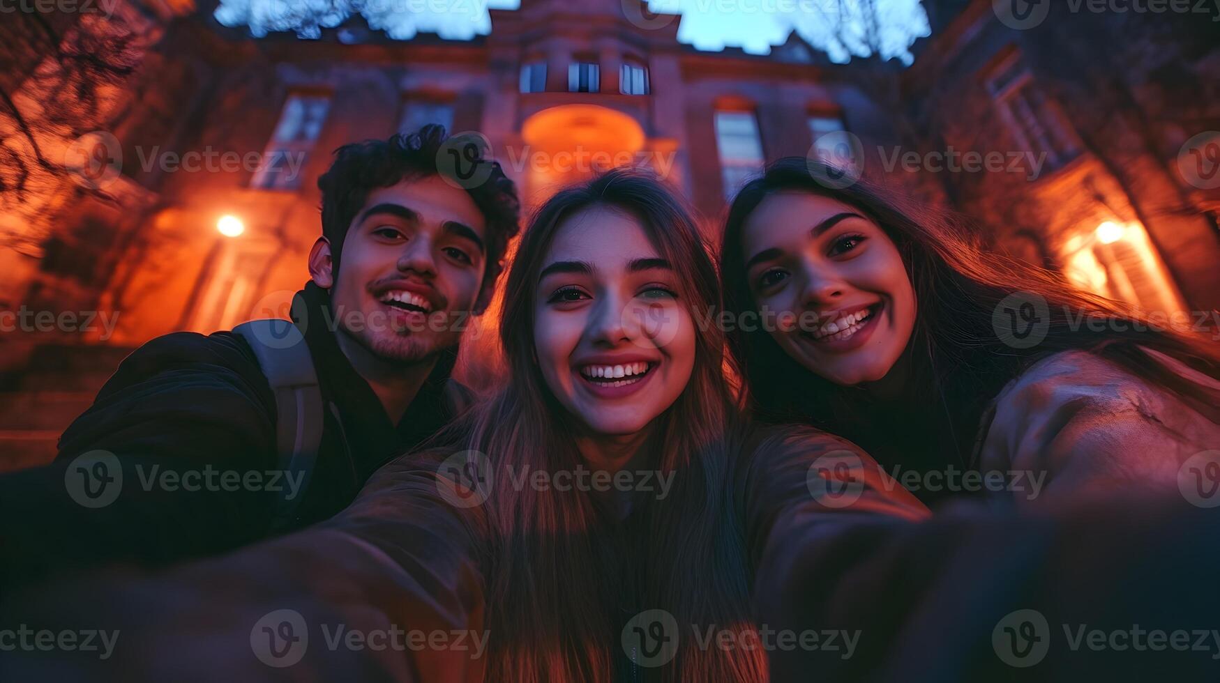 Group of Friends Taking Selfies in Front of Haunted Asylum on Halloween Tour photo