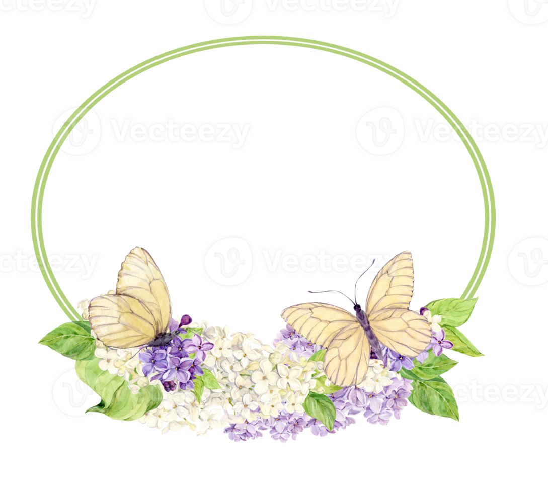 Elegant oval frame with lilacs and butterflies. Template with spring flowers with place for text. Greeting card for Mother's Day, Valentine's Day. Illustration for wedding decoration in boho style. png