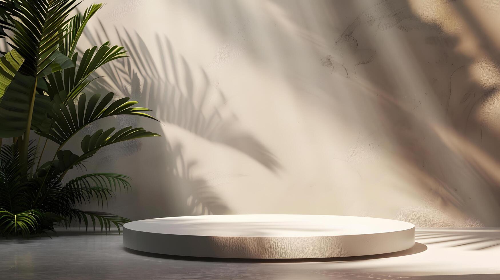 Minimalist product display with round platform and tropical leaf shadows. photo